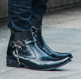 CAWEZZA BRITISH DESIGN BUCKLED ANKLE BOOTS IN BLACK WITH CHAIN - boopdo