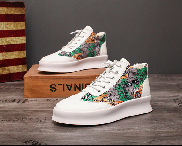 RAID WINKY VULC FLAT CHUNKY TIGER PRINT LEATHER SHOES IN WHITE - boopdo