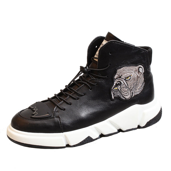 PITTS BULLDOG PRINT ULTRA LIGHT HIGH TOP LEATHER SHOES IN BLACK - boopdo