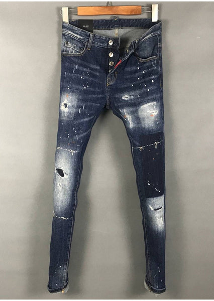 DSQ SPRAY PAINT RIPPED HOLE PATCH ELASTIC SLIM JEAN PANTS IN BLUE - boopdo