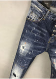 DSQ SPRAY PAINT RIPPED HOLE PATCH ELASTIC SLIM JEAN PANTS IN BLUE - boopdo