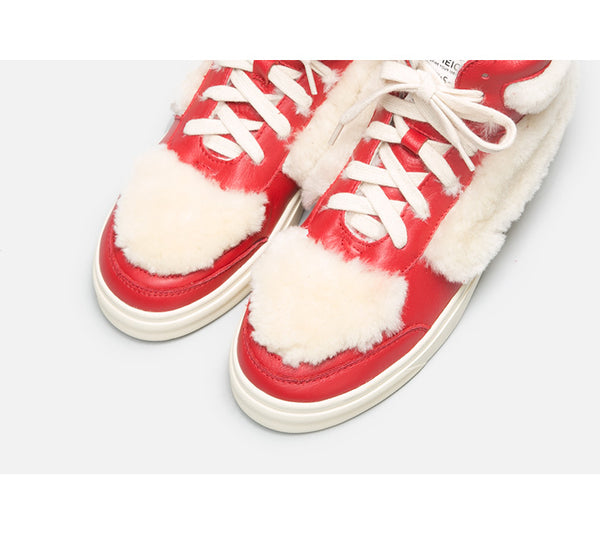 BELLALILY FAUX FUR DETAILED LEATHER TRAINERS IN RED - boopdo