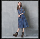 ARTKA KYRA KEER ETHNIC STYLE EMBROIDERED MID LENGTH DENIM JEAN DRESS - boopdo
