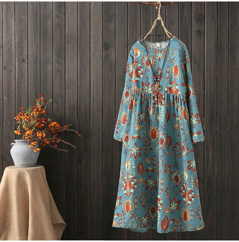 AUTUMN VINTAGE INSPIRED LONG SLEEVE MIDI DRESS IN SCARF PRINT - boopdo