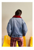 PEACE BIRD RED BORG LINED DENIM JACKET IN BLUE - boopdo