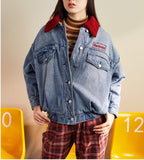 PEACE BIRD RED BORG LINED DENIM JACKET IN BLUE - boopdo