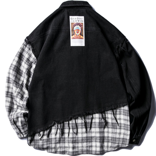 REVIGOLA PAZALO QIAOYI PLAID SHIRT DENIM JACKET IN BLACK - boopdo
