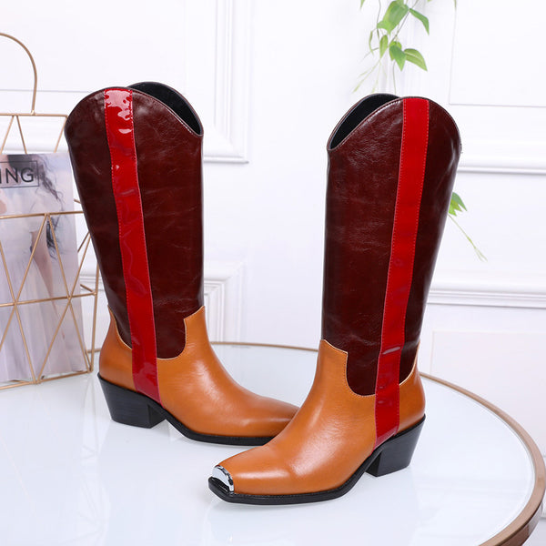 ALEXZA TEXAS COWBOY LEATHER BOOTS WITH SQUARE IRON HEAD - boopdo