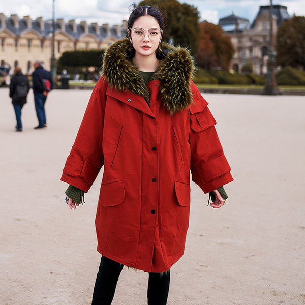 8GIRLS DESIGN FAUX FUR LINING OVERSIZED PARKA COAT IN RED - boopdo