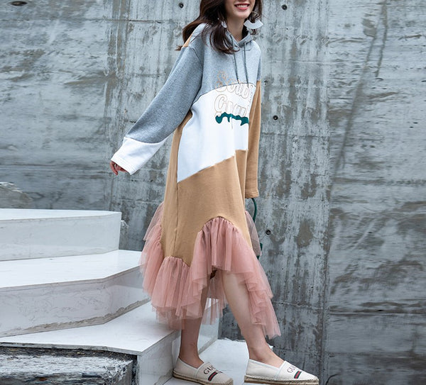 8GIRLS HOODIE SWEAT DRESS WITH ASYMMETRICAL MESH RUFFLE HEM - boopdo