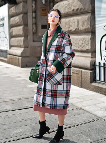 8GIRLS LONGLINE WOOL COAT IN GREEN CHECK - boopdo