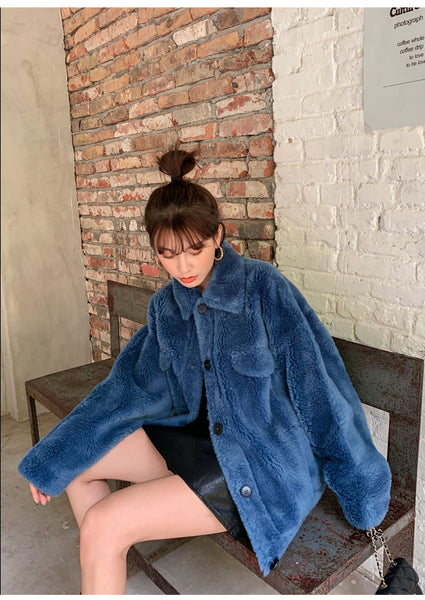 8GIRLS DESIGN TEDDY BUTTON UP COAT IN BLUE - boopdo