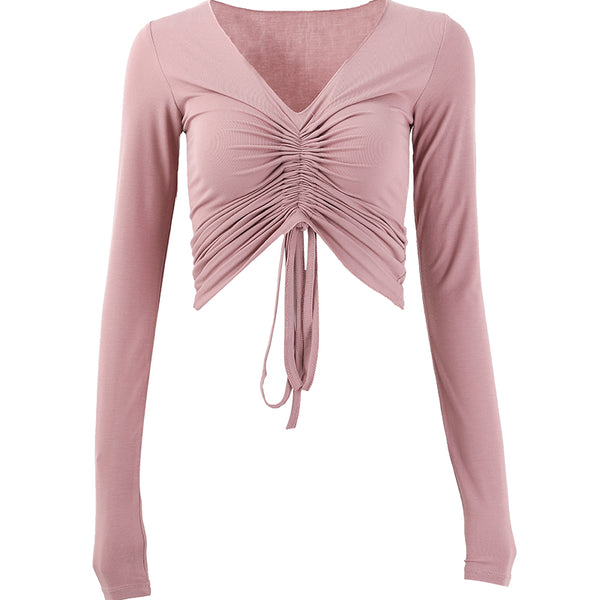 RUNKA DESIGN TIE FRONT LONG SLEEVE CROP TOP - boopdo