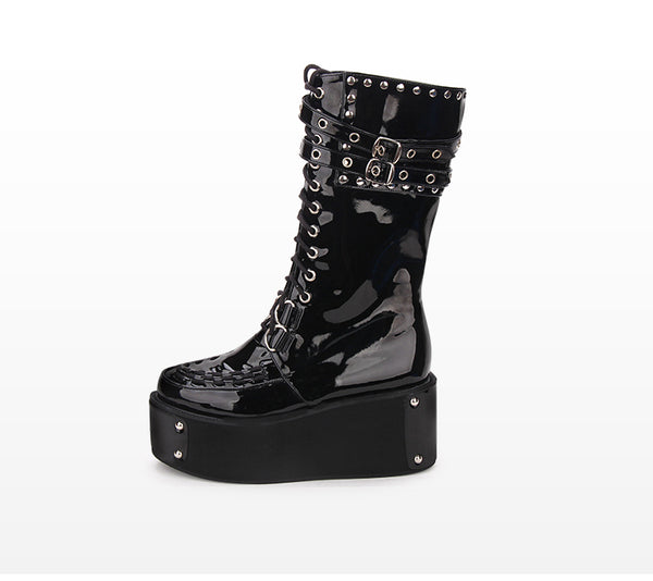 OZPO LOLITA COSBY PUNK STYLE PLATFORM BOOTS WITH RIVET IN BLACK - boopdo