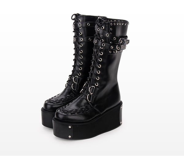 OZPO LOLITA COSBY PUNK STYLE PLATFORM BOOTS WITH RIVET IN BLACK - boopdo