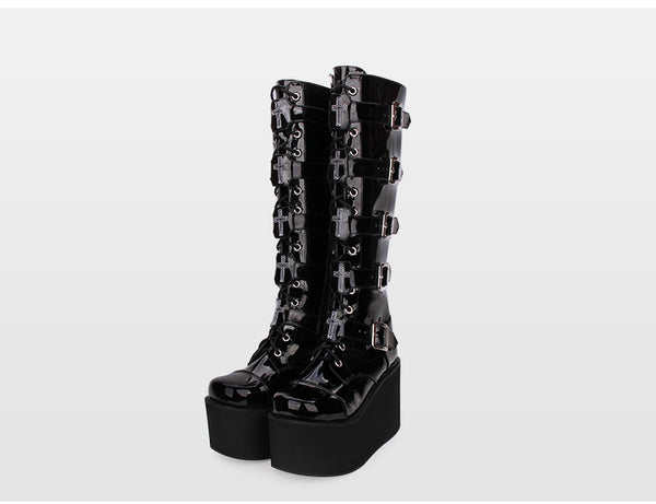 COSSO ENZE COSBY LOLITA PUNK STYLE WEDGED PLATFORM BOOTS IN BLACK - boopdo