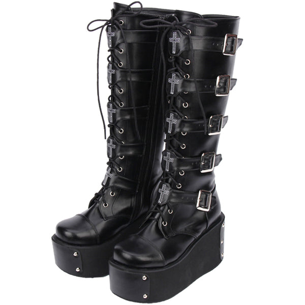 JENNA GOTHIC COSBY PUNK STYLE PLATFORM ULTRA HIGH BOOTS IN BLACK - boopdo