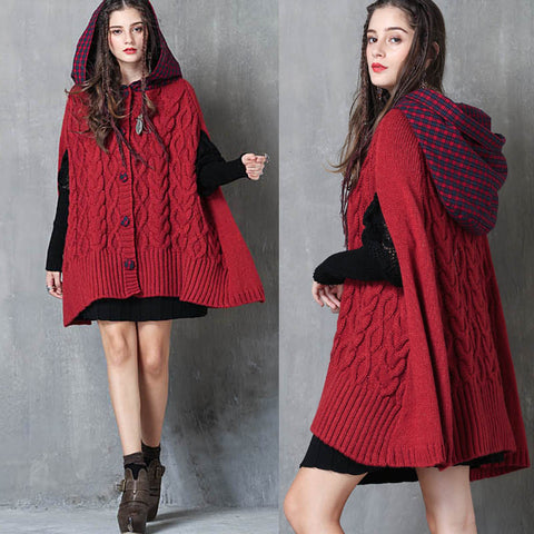 ARTKA KEER RETRO STYLE PLAID KNITTED HOODIE SWEATER IN RED - boopdo