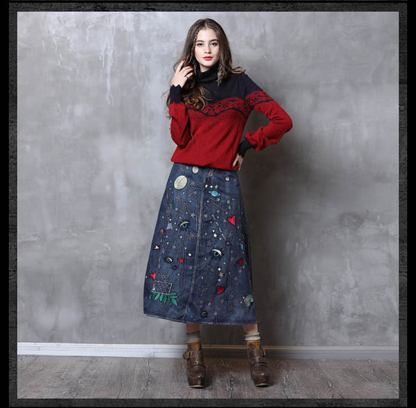 ARTKA CHIC KEER ETHNIC STYLE EMBROIDERED MID LENGTH DENIM JEAN SKIRT - boopdo