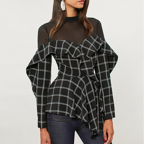 ALICE CHECK FRILL TOP WITH MESH INSERT - boopdo