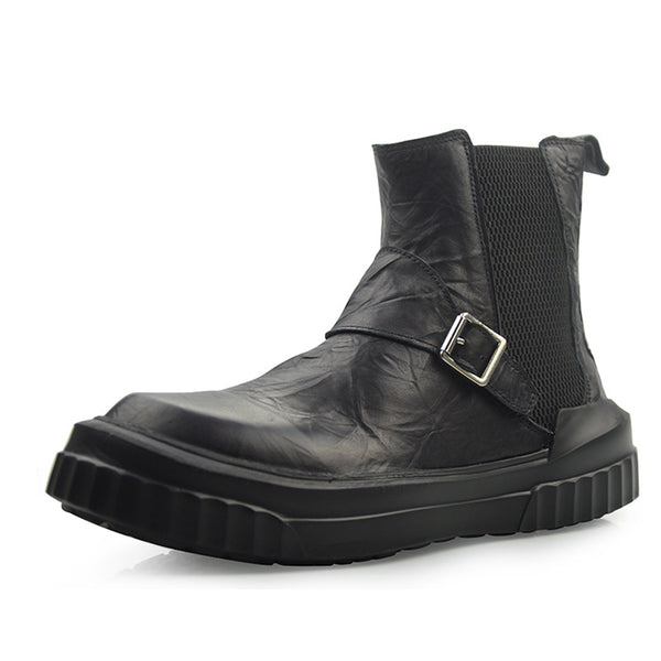 BMANTE MARTIX BUCKLE MID ANKLE THICK SOLED LEATHER BOOTS - boopdo