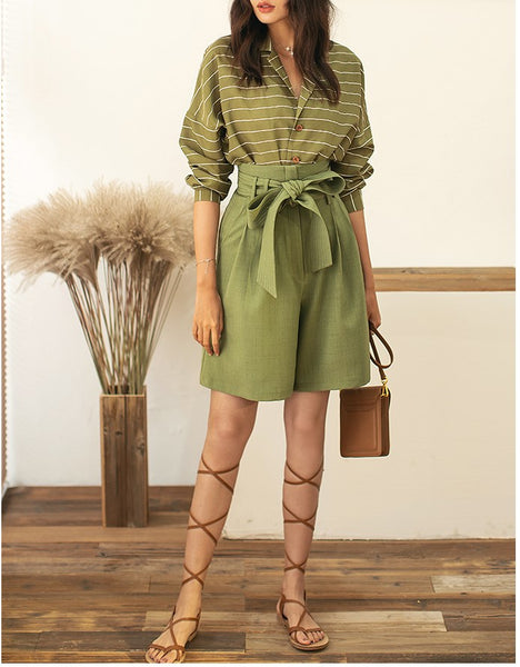 VERRAGE RELAXED FIT HORIZONTAL STRIPE SHIRT AND TIE FRONT WIDE LEG SHORTS - boopdo