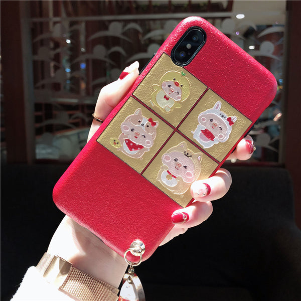 LUCKY PIG APPLE EMBOSSED ANTI FALL PHONE CASE - boopdo