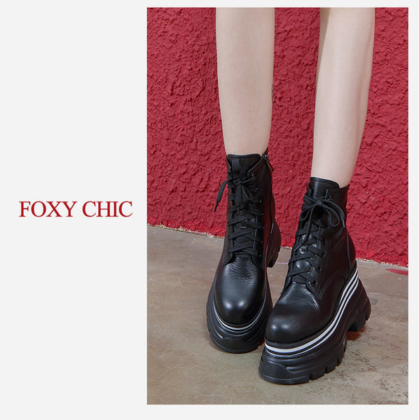 FOXY CHIC TRAXI MOCHA CHUNKY PLATFORM LEATHER BOOTS IN BLACK - boopdo