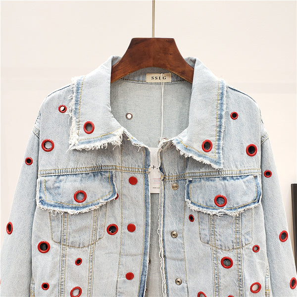 JEYYO CATHRO OLD FASHION DENIM JEAN WOMEN JACKET WITH RUFFLE RING HOLES - boopdo