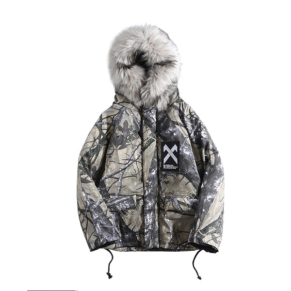 ZAZU PARKAS FAUX FUR COLLAR COTTON MOUNTAIN PRINT HOODED JACKET IN CAMO - boopdo