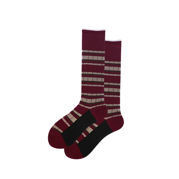SEVEN DAYS KNEE HIGH SOCKS IN RED BASE WITH GREY STRIPES - boopdo