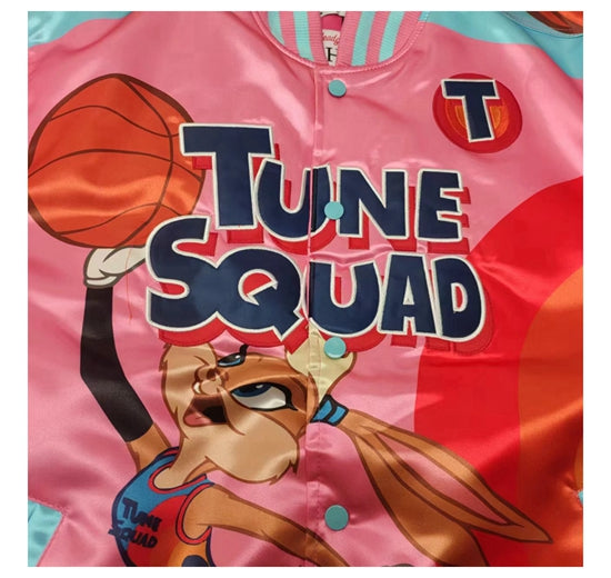 BUNNY TUNE SQUAD BASKETBALL CARTOON PRINT QUILTED BOMBER JACKET IN PINK