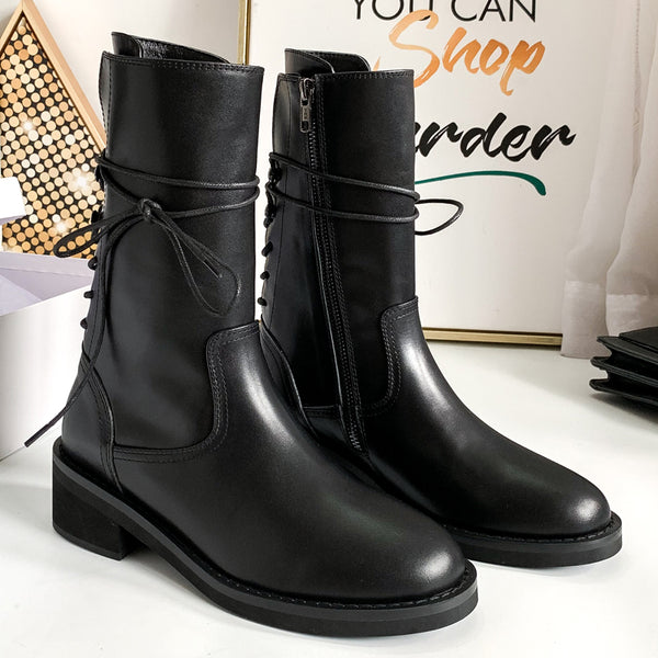 DONNA LIMAO BRITISH RETRO STYLE LOW HEELED LEATHER BOOTS IN BLACK - boopdo