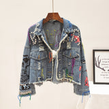 ALEYA NOIR GRAFFITI ARTWORK DENIM JEAN JACKET WITH RIVETS - boopdo