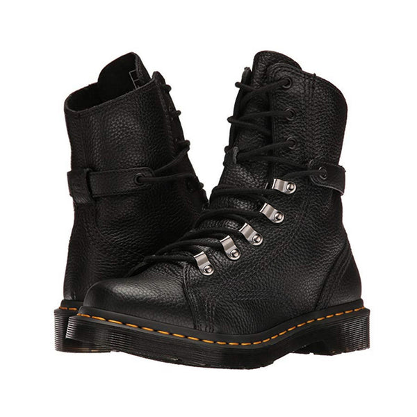 HEIKE VEGOS BRITISH DESIGN LEATHER BOOTS WITH EYELET DETAILS IN BLACK - boopdo