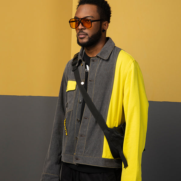 NFWYS METEORITE RIPPED DENIM JEAN JACKET IN YELLOW GRAY - boopdo