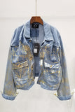 FIMNIN PUFFLO METAL BRONZE DENIM JEAN WOMEN JACKET WITH LARGE POCKET - boopdo