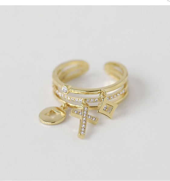 UZL DESIGN OPEN ENG RING WITH CROSS AND CRYSTAL EMBELLISHMENT - boopdo