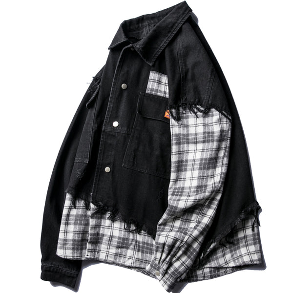 REVIGOLA PAZALO QIAOYI PLAID SHIRT DENIM JACKET IN BLACK - boopdo