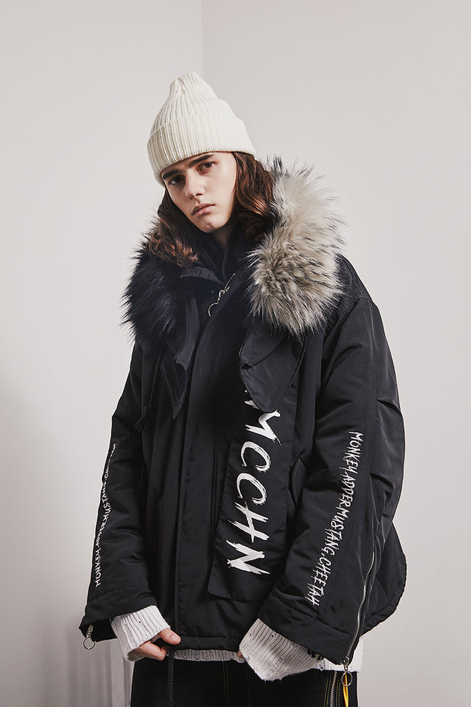 MAMC ABOW LIFE BLACK WHITE LARGE FUR COLLAR UNISEX HOODED JACKET