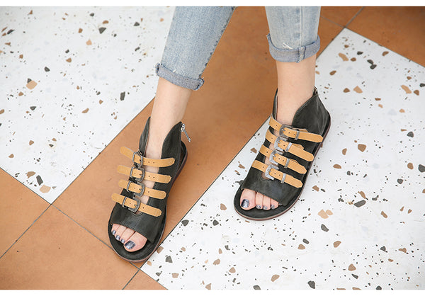 PROVA PERFETTO HUFFO ROMAN OPEN TOE FLAT SOLE LEATHER SANDALS - boopdo