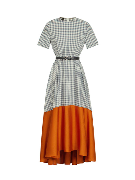 VERRAGE BELTED MAXI TEA DRESS IN MIXED CHECK PRINT - boopdo