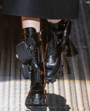 JESSY MARIA BRITISH STYLE CHUNKY PLATFORM LEATHER BOOTS WITH STRAP POCKET IN BLACK - boopdo