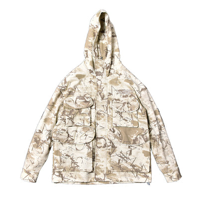 ADAM FREAK VELCRO GRAFFITI DESIGN MULTI POCKET CAMO PRINT HOODED JACKET - boopdo