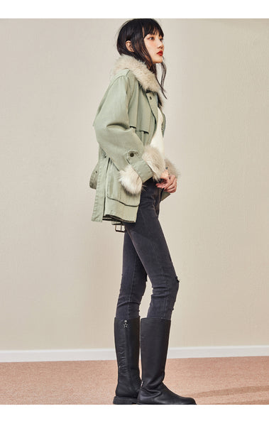 PEACE BIRD DENIM PARKA JACKET WITH FAUX FUR DETAIL IN GREEN - boopdo
