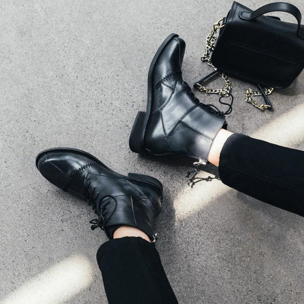 JERSY MARAKITO COOL PUNK FLAT LEATHER ANKLE BOOTS - boopdo