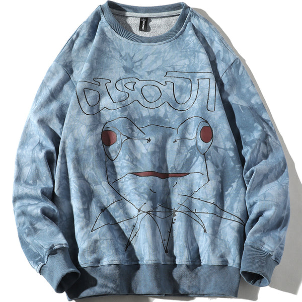JEJOLI GRAFFITI FROG PRINCE PRINT TIE DYED CREW NECK SWEATSHIRT - boopdo