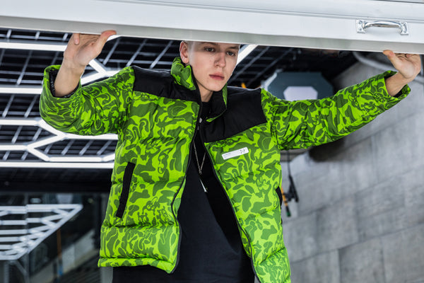 NFWYS FIZOLA HOLOGRAPHIC HIGH NECK BOMBER JACKET IN GREEN CAMO - boopdo