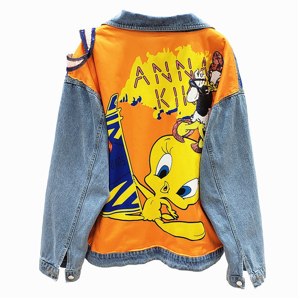 NATHAL ANGLO CARTOON PATCH PRINT OLD FASHION STYLE DENIM JACKET - boopdo