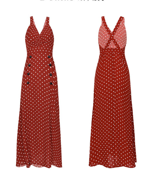SINCE THEN DOUBLE BUTTON THROUGH FRONT SPLIT MAXI DRESS IN RED POLKA DOT - boopdo